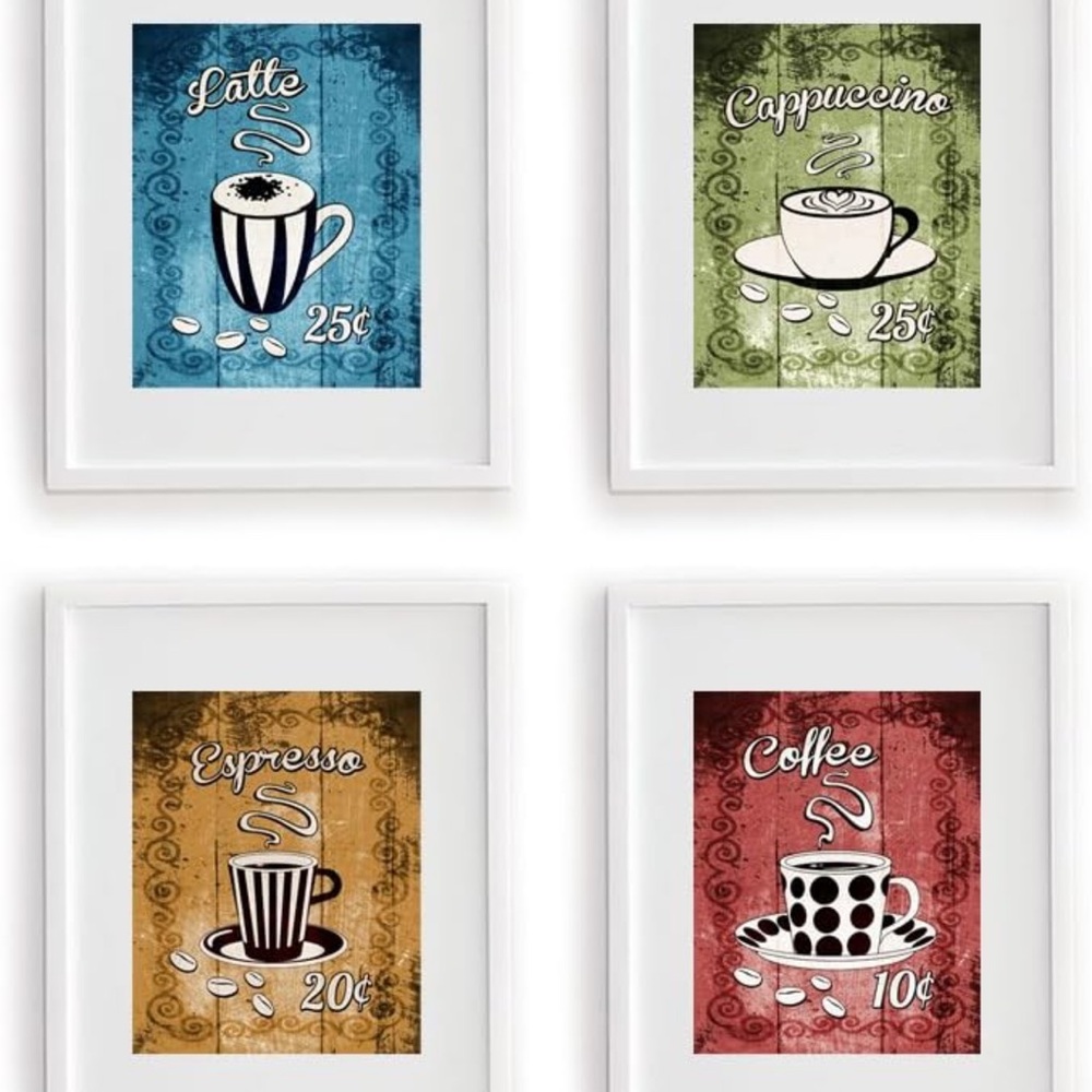 Vintage Coffee Art Print Set - Latte, Cappuccino, Espresso, Coffee